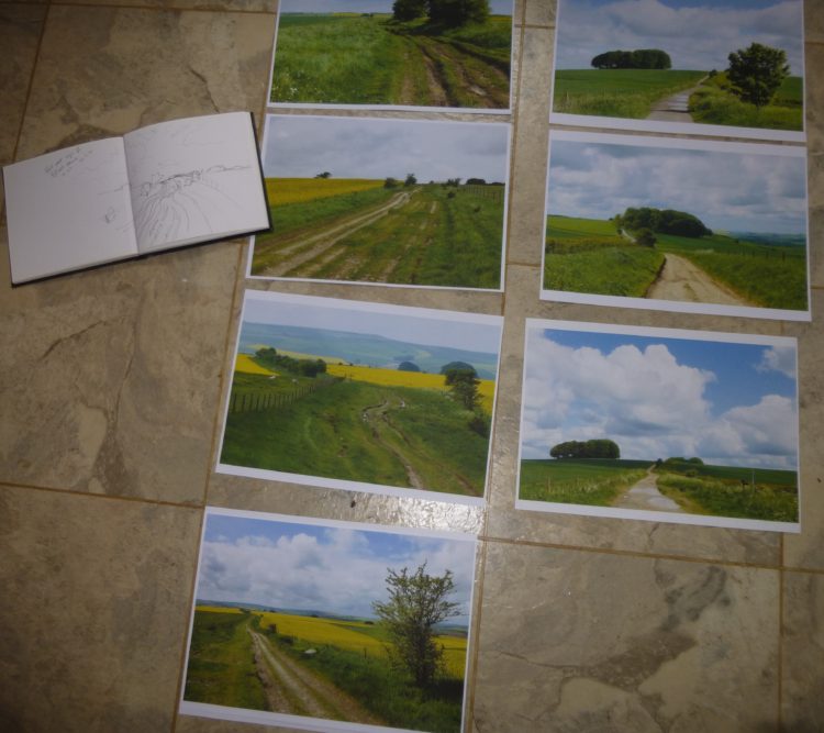 The final choice of photos and my Wiltshire sketchbook on the kitchen floor