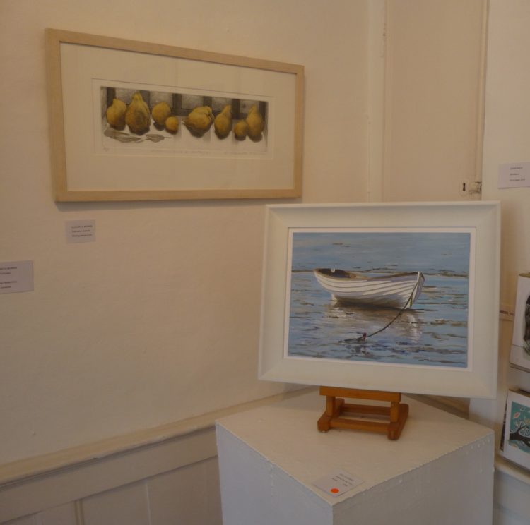 Liz Morris' 'Quinces and Butterfly on the left, with Waiting for the Tide III which had just sold.